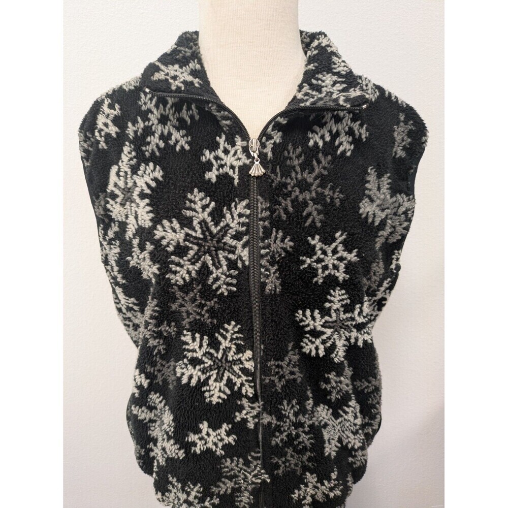 Vintage Black Fleece Snowflake Zipper Sweater Vest sz S Festive Holiday Ski - Picture 2 of 7